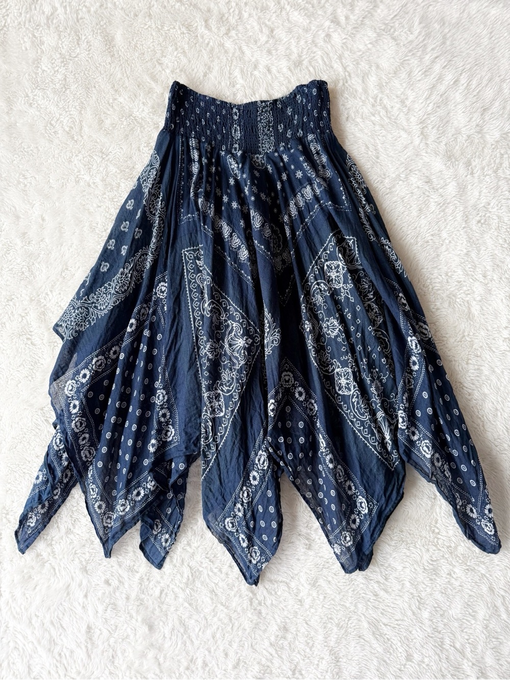 Bohemian Navy Bandana-Print Handkerchief Hem Skirt